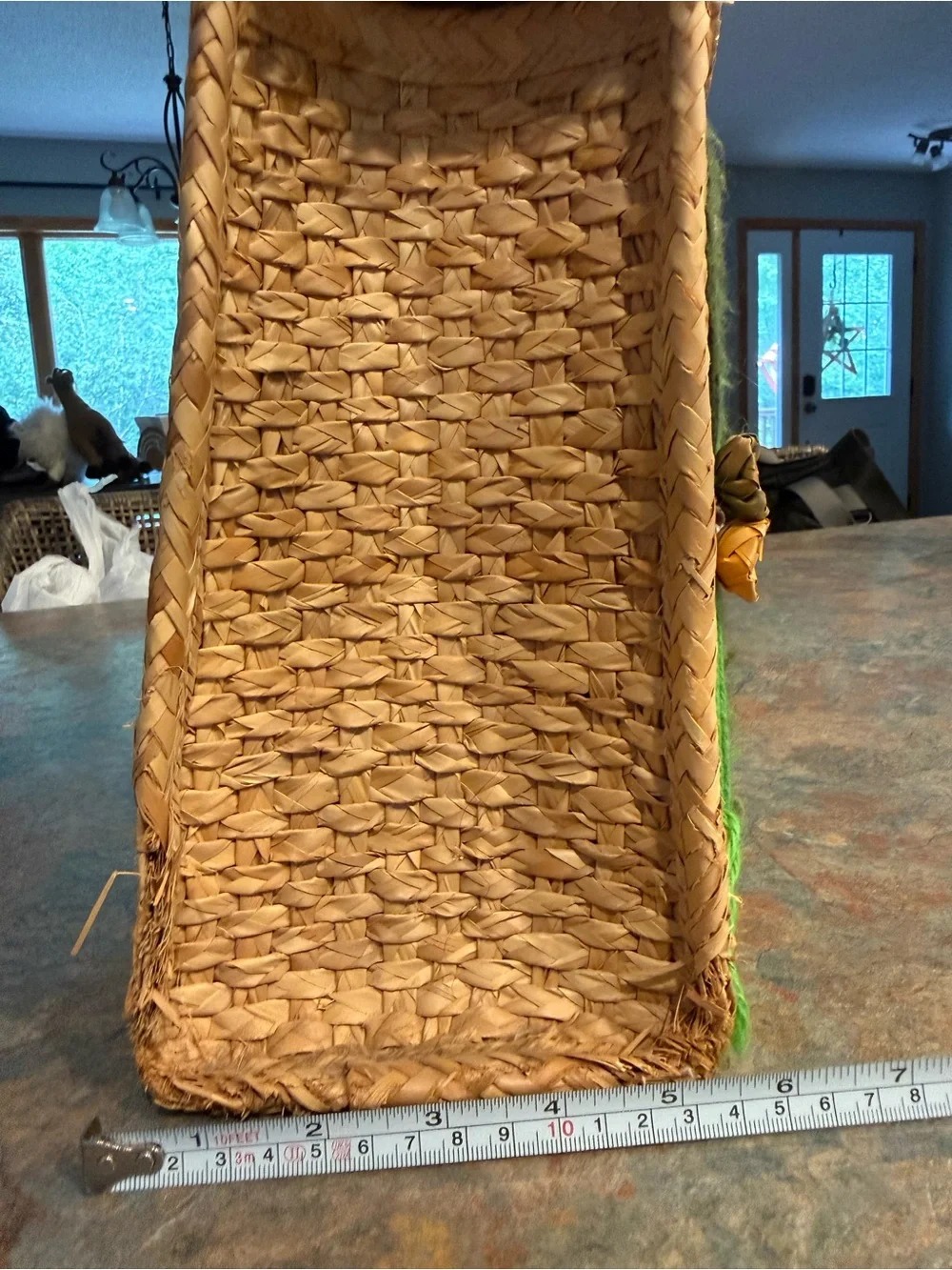 Embroidered Straw Tote Bag with Green Floral Accent